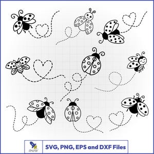 May include: A collection of black and white ladybug illustrations featuring various flight paths depicted by dashed lines, some forming heart shapes. The bottom includes a logo with the text Allscribble and the text SVG, PNG, EPS and DXF Files.