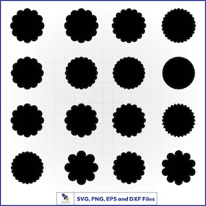 Puede incluir: Una cuadrícula de dieciséis formas circulares negras con varios bordes festoneados y dentados. Las formas están dispuestas en cuatro filas de cuatro. El texto "SVG, PNG, EPS y DXF Files" está en la parte inferior de la imagen.