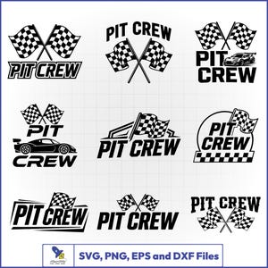 Puede incluir: Una colección de diseños en blanco y negro con temática de carreras, con banderas a cuadros y el texto "PIT CREW". Algunos diseños incluyen coches de carreras. La imagen también incluye el texto "SVG, PNG, EPS y DXF Files".