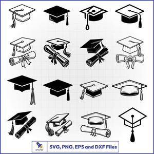 May include: A collection of black and white graduation cap and diploma illustrations. The images include various designs of mortarboards with tassels and rolled diplomas tied with ribbons. The bottom of the image includes the text: SVG, PNG, EPS and DXF Files.