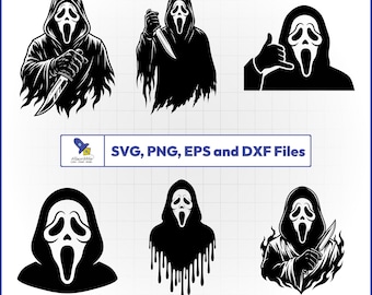 Scream Ghostface SVG-paket, skräckfilmsmördarevektor, Halloween-tröjdekal, läskig mask