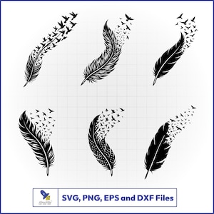May include: Six black feather designs with birds flying away from the feather tips. The feathers have detailed textures and varying shapes. The image includes the text "SVG, PNG, EPS and DXF Files".