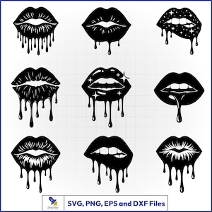 May include: A collection of nine black graphic illustrations of lips in various styles, including dripping, biting, and sparkling designs. The bottom of the image features a small logo and the text SVG, PNG, EPS and DXF Files.