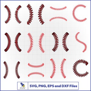 May include: A collection of red and black baseball stitching designs in various curved and semi-circular shapes. The image includes the text "SVG, PNG, EPS and DXF Files".