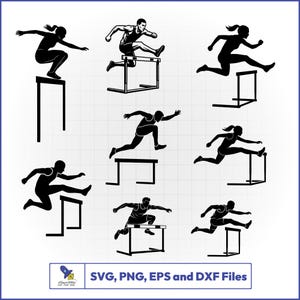 May include: Black and white silhouettes of athletes jumping hurdles. The image features multiple figures in various stages of the hurdle race, with the text "SVG, PNG, EPS and DXF Files" at the bottom. The athletes are depicted in dynamic poses.