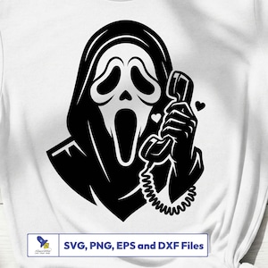 Peut inclure: Graphique noir et blanc du masque Ghostface de la franchise de films d'horreur Scream tenant un combin&eacute; t&eacute;l&eacute;phonique. L'image comprend le texte "SVG, PNG, EPS et DXF Files".