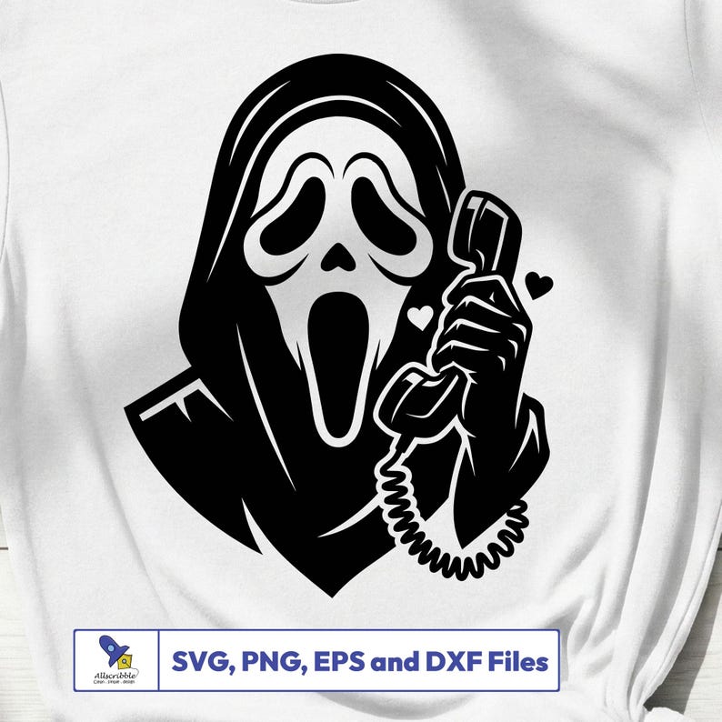 Peut inclure: Graphique noir et blanc du masque Ghostface de la franchise de films d'horreur Scream tenant un combin&eacute; t&eacute;l&eacute;phonique. L'image comprend le texte "SVG, PNG, EPS et DXF Files".