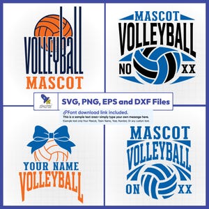 Op de afbeelding: Vier digitale grafische ontwerpen met volleybalthema's met tekst waaronder VOLLEYBALL MASCOT, NO XX, YOUR NAME VOLLEYBALL en MASCOT VOLLEYBALL ON XX. De bestanden zijn gelabeld als SVG, PNG, EPS en DXF, inclusief een downloadlink voor lettertypes.