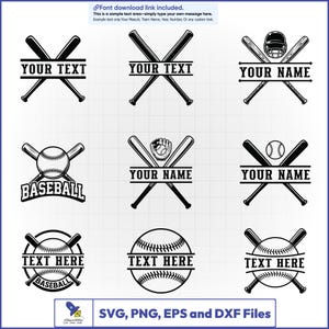 May include: Black and white baseball-themed graphics. Designs include crossed bats with text areas, baseballs, gloves, and helmets. The text areas read "YOUR TEXT", "YOUR NAME", and "TEXT HERE". The bottom right corner includes "SVG, PNG, EPS and DXF Files".