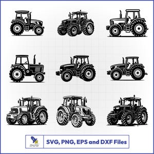 Op de afbeelding: Negen zwart-wit illustraties van tractoren in verschillende ontwerpen. De tractoren hebben grote wielen, cabines en andere details. De afbeelding bevat de tekst "SVG, PNG, EPS en DXF Files".