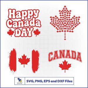 Puede incluir: Una colección de gráficos rojos y blancos para el Día de Canadá. Incluye el texto "Happy Canada Day" con detalles de hojas de arce, una hoja de arce hecha de hojas más pequeñas, un diseño de bandera canadiense y la palabra "CANADA" con una hoja de arce.