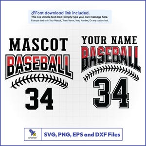 May include: Two baseball-themed designs with the words "MASCOT BASEBALL" and "YOUR NAME BASEBALL" in black and red. Each design includes the number "34" in a bold font, and a baseball stitch graphic. The image also includes text about file types.