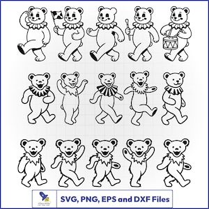 Paquete SVG de osos bailarines, vector de música retro, imágenes prediseñadas de osos hippies, calcomanía de rock clásico