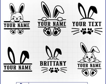 Lot de lapin nom personnalisé SVG, monogramme de lapin furtivement, oreilles de cadre séparées, panier de Pâques