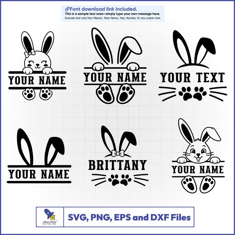 Rabbit Custom Name SVG Bundle, Peeking Bunny Monogram, Split Frame Ears ...