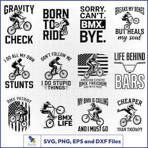Op de afbeelding: Een verzameling zwart-wit BMX-thema graphics met teksten als "Born to Ride" en "My BMX is Calling." Elk ontwerp toont een BMX-rijder in actie, geschikt voor kleding of stickers.
