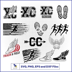 May include: A collection of black and white cross country running-themed graphics. Designs include winged running shoes, silhouettes of runners, the American flag, and the text "XC" and "Track & Field". The image also includes the text "SVG, PNG, EPS and DXF Files".