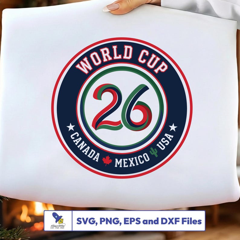 May include: A white graphic featuring a circular design for the World Cup 26. The design includes the text "WORLD CUP 26" and the names of the host countries: Canada, Mexico, and USA. The design is in red, green, and blue.