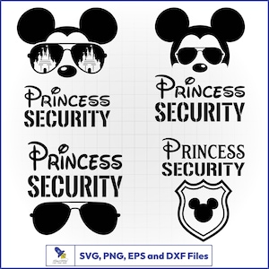 May include: Four black graphic designs featuring a mouse silhouette with round ears. Three designs include the text PRINCESS SECURITY and one includes a shield icon with a mouse head. Sunglasses are depicted in three of the four graphic variations.