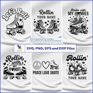 Puede incluir: Colección de diseños de patines sobre ruedas en blanco y negro con texto. Los diseños incluyen frases como "Let's Roll", "Rollin' with My Homies" y "Peace Love Skate". Los diseños están disponibles en formatos SVG, PNG, EPS y DXF.