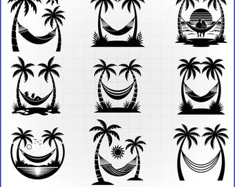 Hängmatta Palm Tree SVG Bundle, Tropical Beach Vector, Summer Semester Decal, Avkopplande Cut File