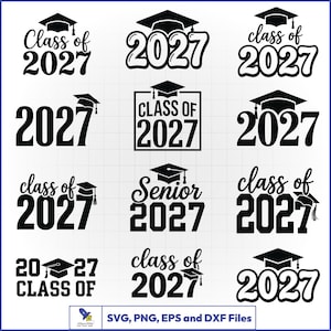 Peut inclure: Plusieurs modèles noirs et blancs sur le thème de la remise des diplômes, avec les inscriptions "Class of 2027" et "Senior 2027" et des coiffes de diplômés. Les modèles sont disponibles aux formats SVG, PNG, EPS et DXF.