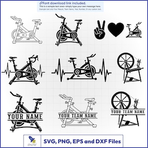 Puede incluir: Una colección de gráficos vectoriales en silueta negra que muestran bicicletas estáticas y ruecas. Los diseños incluyen líneas de ritmo cardíaco, un signo de paz, un corazón y marcadores de posición de texto personalizables YOUR NAME y YOUR TEAM NAME.