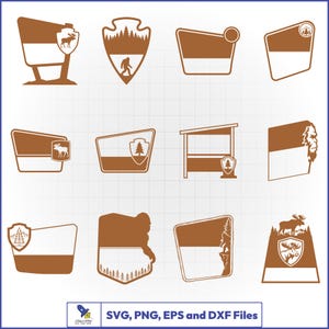 Op de afbeelding: Een verzameling bruine en witte grafische ontwerpen met een buitenthema. De ontwerpen bevatten afbeeldingen van een eland, een bigfoot, een bos en een schuilplaats. De tekst "SVG, PNG, EPS en DXF Files" staat onderaan.