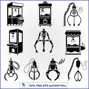May include: A collection of black silhouette icons featuring various claw machine arcade games and mechanical prize-grabbing claws. The bottom text reads SVG, PNG, EPS and DXF Files. These graphic elements are presented on a white grid background.