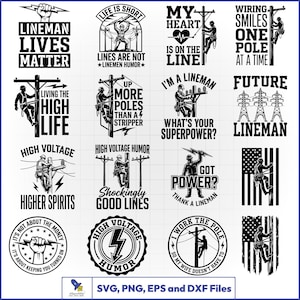 May include: A collection of sixteen black and white graphic designs featuring illustrations of linemen, utility poles, lightning bolts, and American flags, accompanied by various text slogans related to electrical line work and power utility professions.