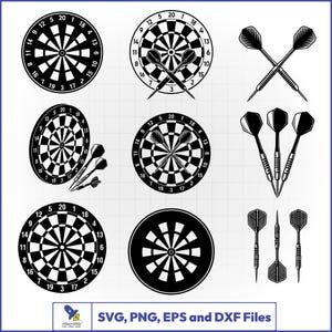May include: A collection of black and white vector illustrations featuring dartboards and darts in various arrangements, including crossed darts and single targets. The bottom includes text stating SVG, PNG, EPS and DXF Files with a small logo.