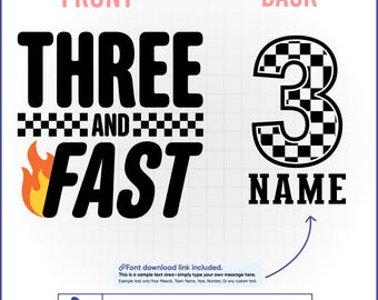 Tres y rápido SVG, camiseta de niño de 3.er cumpleaños, vector de coche de carreras, diseño frontal y posterior
