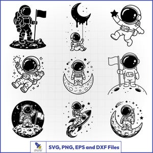 May include: Black and white illustrations of astronauts in various poses. One astronaut plants a flag on a planet, others float with stars, sit on a crescent moon, and ride a rocket. Text: SVG, PNG, EPS and DXF Files.