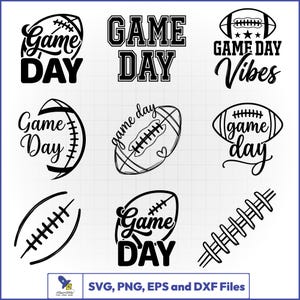 Peut inclure: Une collection de neuf motifs graphiques numériques en noir et blanc représentant des ballons de football américain et le texte Game Day. Les designs incluent divers styles typographiques, des illustrations au trait et le texte SVG, PNG, EPS and DXF Files.