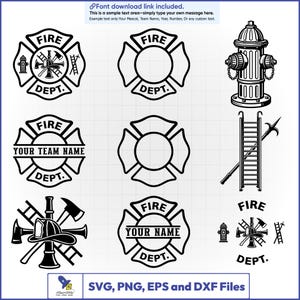 Könnte beinhalten: Eine Sammlung von schwarz-weißen digitalen Grafikdesigns mit Feuerwehr-Emblemen, einem Hydranten, einer Leiter und Feuerwehrwerkzeugen. Die Designs enthalten Texte wie FIRE DEPT, YOUR TEAM NAME und YOUR NAME in verschiedenen Anordnungen.