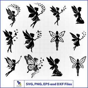 May include: A collection of twelve black silhouette illustrations featuring fairies in various poses, some with wings and others interacting with butterflies. The bottom includes a logo and the text SVG, PNG, EPS and DXF Files.