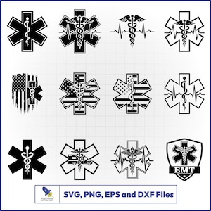 May include: Collection of black and white emergency medical services (EMS) symbols, including the Star of Life, caduceus, and American flag designs. The text "SVG, PNG, EPS and DXF Files" is also present.