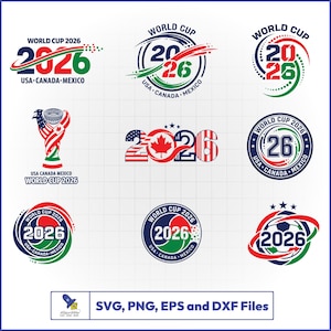 Puede incluir: Una colección de logotipos para la Copa Mundial de la FIFA 2026, con el texto "WORLD CUP 2026" y los países anfitriones: EE. UU., Canadá y México. Los diseños incluyen números estilizados, balones de fútbol y banderas en rojo, blanco, verde y azul.