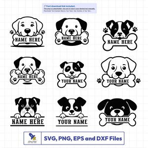 May include: A selection of black and white dog illustrations. Each design shows a dog's face above a bone-shaped banner for custom text. The designs are available in SVG, PNG, EPS, and DXF file formats, ideal for various projects.