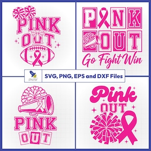 May include: A collection of four digital graphic designs in hot pink featuring the text PINK OUT. Elements include cheerleading pom-poms, megaphones, footballs, and breast cancer awareness ribbons. The designs incorporate the phrase Go Fight Win.