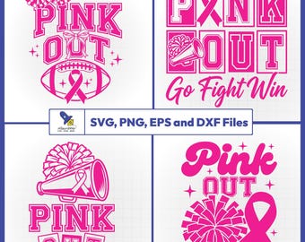 Könnte beinhalten: Eine Sammlung von vier digitalen Grafikdesigns in Pink mit dem Text PINK OUT. Die Elemente umfassen Cheerleader-Pompons, Megafone, Fußbälle und Schleifen zur Sensibilisierung für Brustkrebs. Die Designs enthalten den Schriftzug Go Fight Win.