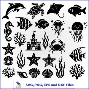 May include: A collection of black silhouette icons featuring marine life including a dolphin, sea turtle, stingray, fish, seahorse, jellyfish, crab, starfish, seashells, and coral, alongside a sandcastle and seaweed, with text SVG, PNG, EPS and DXF Files.