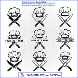 May include: Black and white chef-themed graphic designs. Each design features a chef's hat and crossed knives. Some designs include text areas for customization. The image also includes file type information: SVG, PNG, EPS, and DXF.