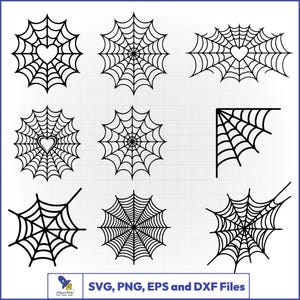 May include: A collection of nine black spider web illustrations on a white grid background. The designs include circular webs, webs with heart-shaped centers, a corner web, and irregular web shapes. Text at the bottom reads SVG, PNG, EPS and DXF Files.