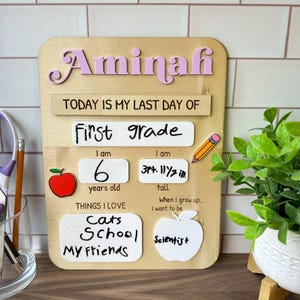 Cartello personalizzato per il primo giorno di scuola, cartello personalizzato per l'ultimo giorno di scuola, cartello in legno per il ritorno a scuola, cartello scolastico per bambini, cartello in acrilico cancellabile a secco