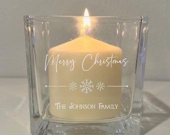 Engraved Glass Christmas Candle Holder, Personalized Family Gift