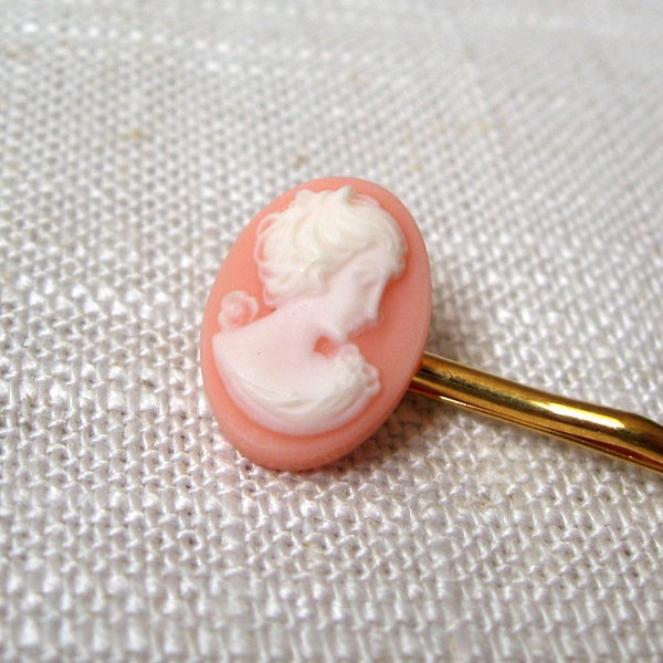 Victorian Cameo Bobby Pin, Pink and Cream, Gold Hair Pin, Antique Pink Cameo