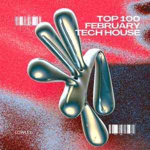 Puede incluir: Una forma abstracta plateada sobre un fondo texturizado. El texto "TOP 100 FEBRUARY TECH HOUSE" está en letras blancas sobre fondo rojo. El texto "LOWLEX" está en letras blancas sobre fondo azul.