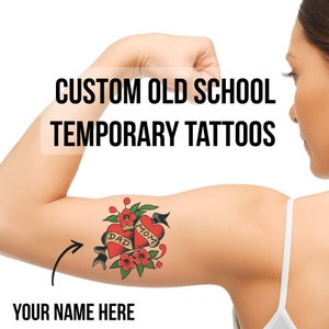 Custom 2 Names in Heart Temporary Tattoos - personalized old school traditional American style temp tats removable customizable ink tattoo