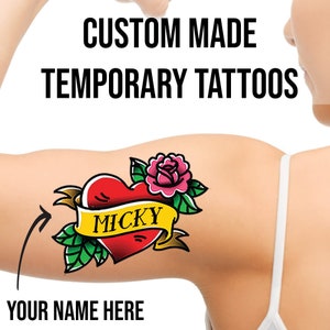Custom Name in Heart Temporary Tattoos - personalized old school traditional American style temp tats removable customizable play ink tattoo